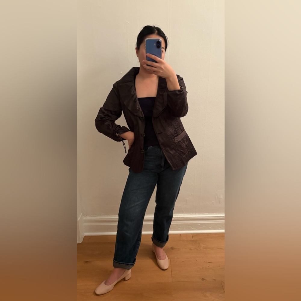 Brown Women's Blazer Jacket with Ruffled Collar